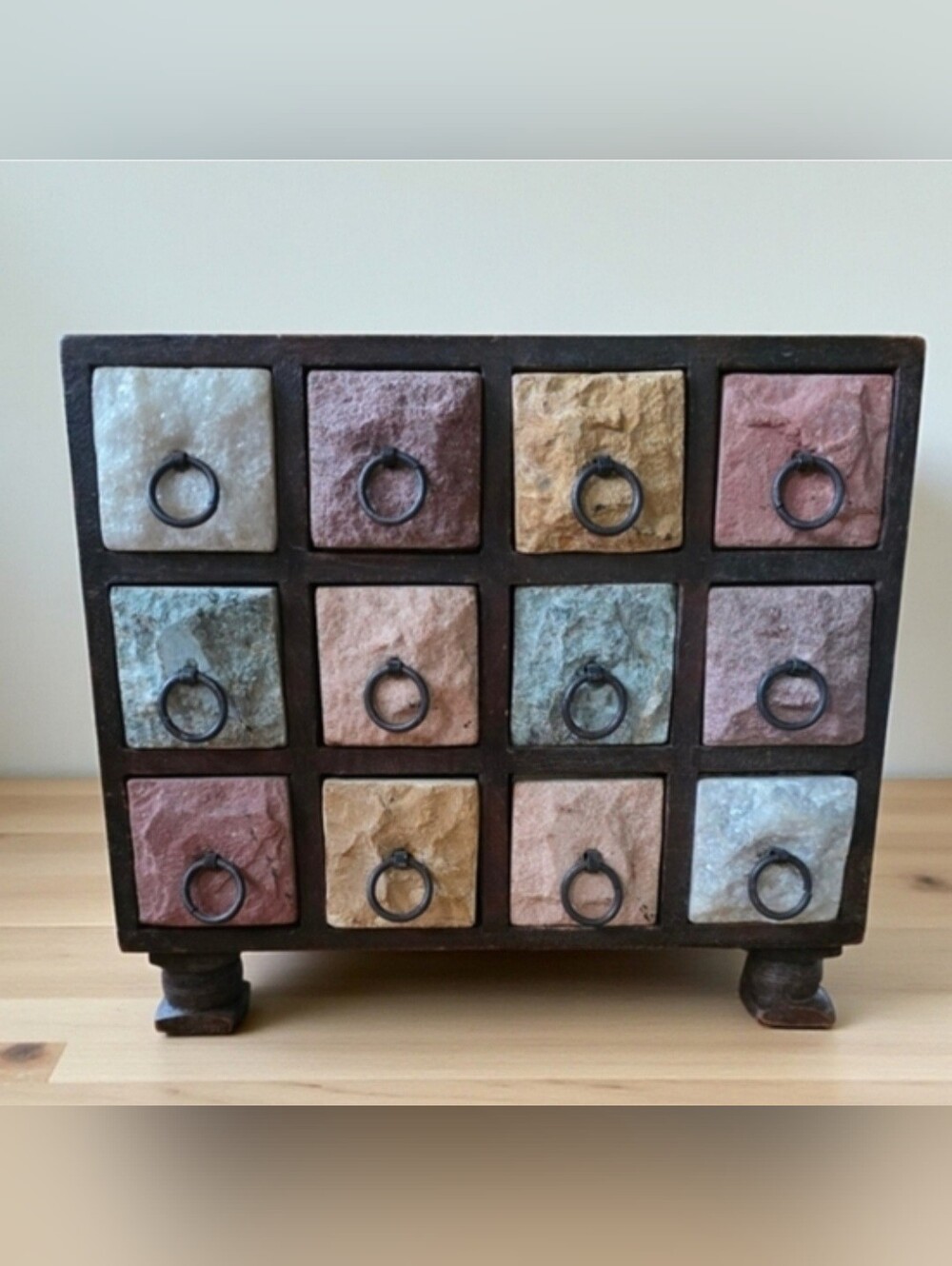 Vtg Apothecary Jewelry Trinket Chest Raw Quartz Stone & Solid Wood 12 Drawers